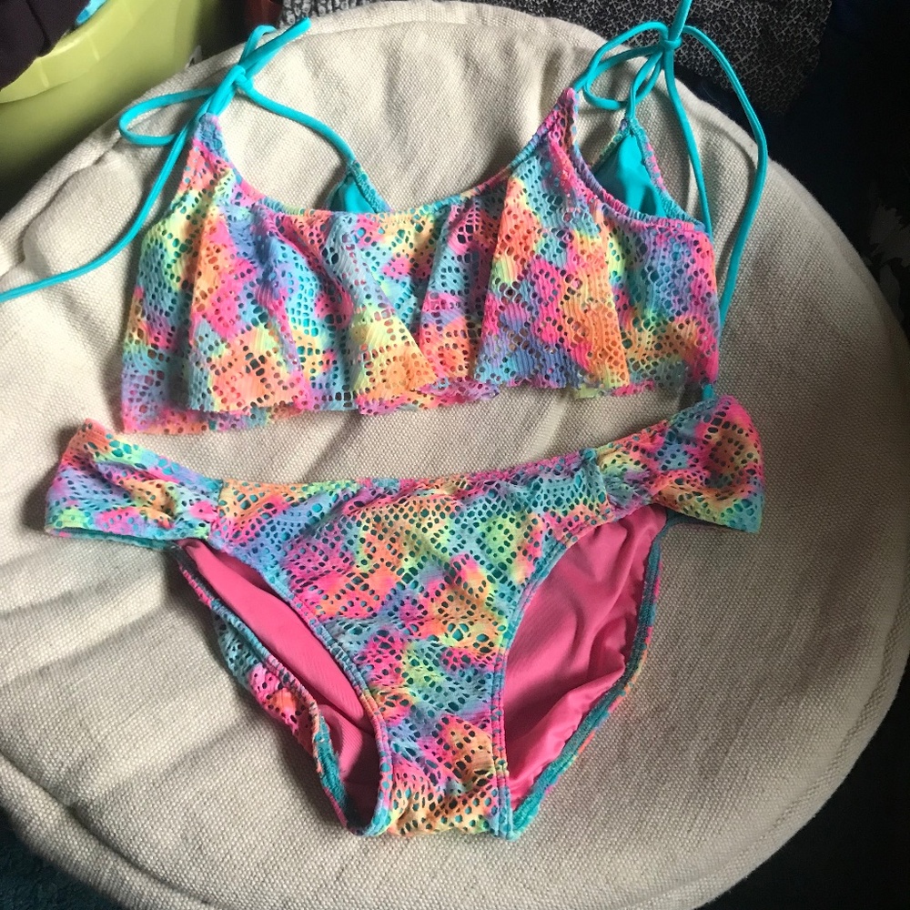 Victoria’s Secret PINK Flounce Bikini Top Bottom S 2pc set neon mesh pastel VS